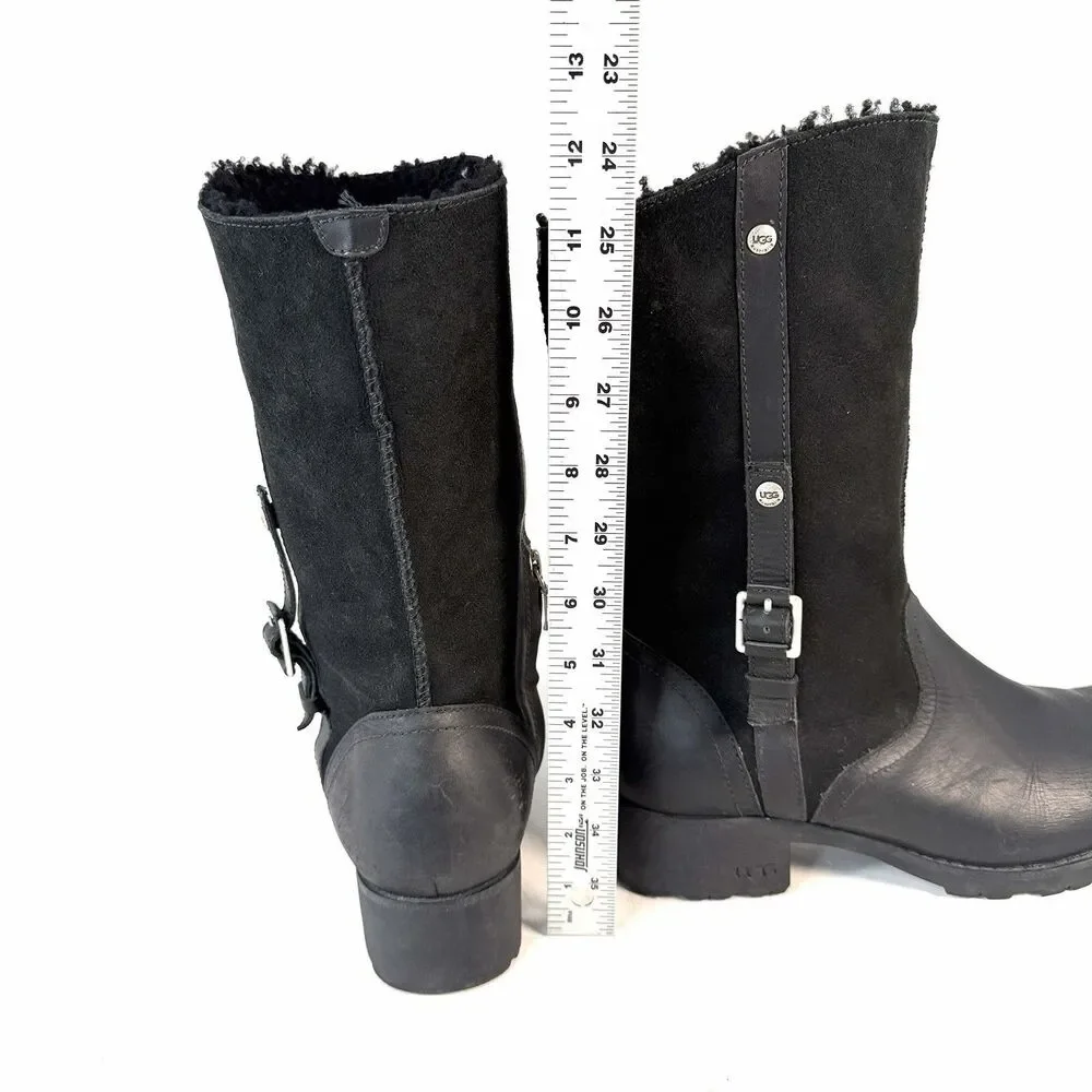 UGG Australia Bellevue Shearling Fold Over Moto Black Leather Boots Sz 10 U.S.